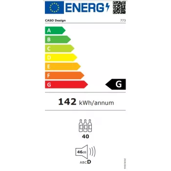 Caso | Vinoteca | WineChef Pro 40 | Clase de eficiencia energética G | Vitrina | Independiente | Capacidad 40 botellas | Tipo de refrigeración tecnología de compresor | Negro