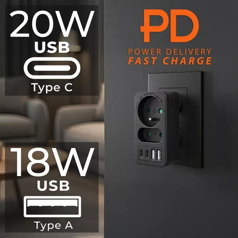 Regleta de enchufes MACLEAN MCE249 F/B – 2 tomas AC (16A + 6A) con 2×USB-A y 2×USB-C PD 20W, conector EU, negro