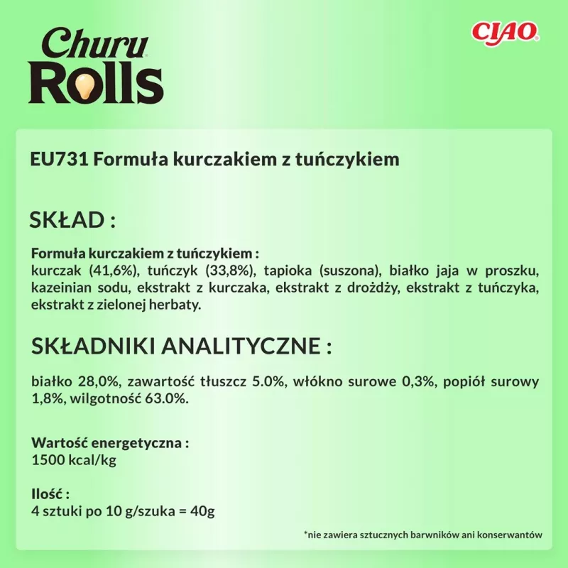 INABA Churu Rolls receta de pollo envuelto en receta de atún - Snack para gatos - 4x10 g