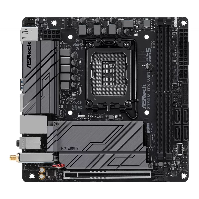 Placa base ASRock Z790M-ITX WiFi — Intel Z790, LGA 1700, mini ITX, DDR5, 2x DIMM, 64GB, 2.5Gb LAN, Wi-Fi 6E