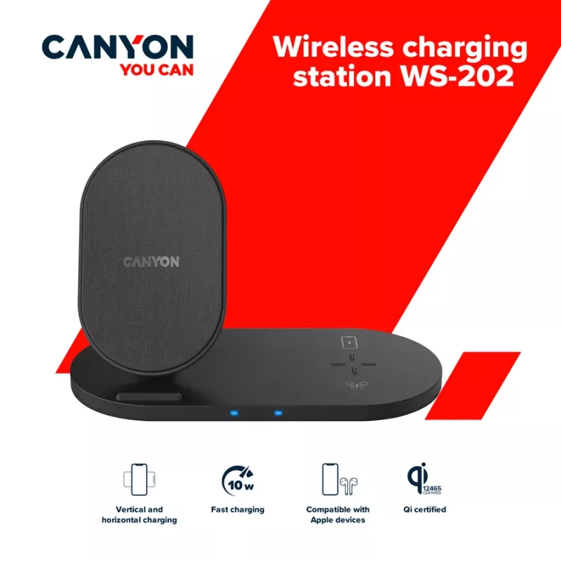 Cargador Base de acoplamiento inalámbrica 2en1 QI 10W/USB-C/LED negra
