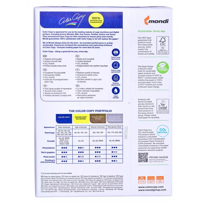 Papel de copia oficina Mondi Color Copy 8687A20 (A4; 200g/m2; 250 hojas; papel blanco; satinado)