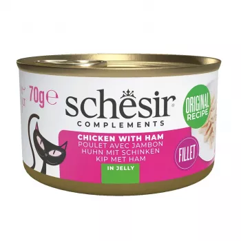 Comida húmeda para gatos Agras Pet Foods SCHESIR pollo con jamón en gelatina, 70 g, 12 % proteína, 86 % humedad