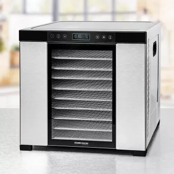 Deshidratador Rommelsbacher DA1050, acero inoxidable, 5 niveles (10 bandejas de acero inoxidable), ajustable 35–75 °C, temporizador de 99 h, 1,6 m² de superficie de secado