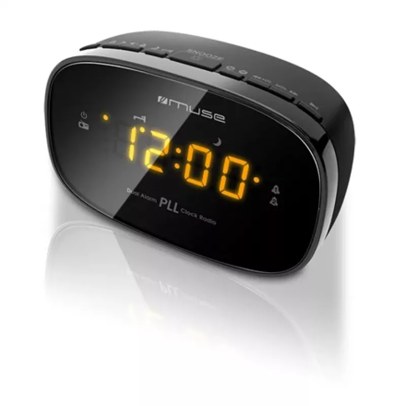 Muse M-150CR radiodespertador, PLL FM, pantalla LED ámbar con regulador de brillo, alarma (radio/zumbador), 230 V con batería de respaldo 2x AAA, negro