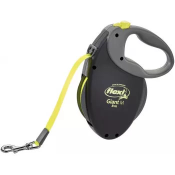 Correa retráctil Flexi NEON GIANT M — correa de cinta 8 m, carga máx. 25 kg, empuñadura ergonómica, negra/amarilla