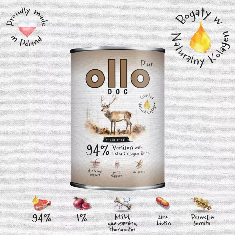 Ollo Plus Colágeno Ciervo 400 g Lata de comida para perros