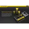 Cargador de baterías Nitecore NEW i2 — cargador de 2 canales para LiFePO4, Li-Ion, NiMH; entrada 100–240V; salida 9–12V; compatible con AAAA/C/D/AAA/AA; negro