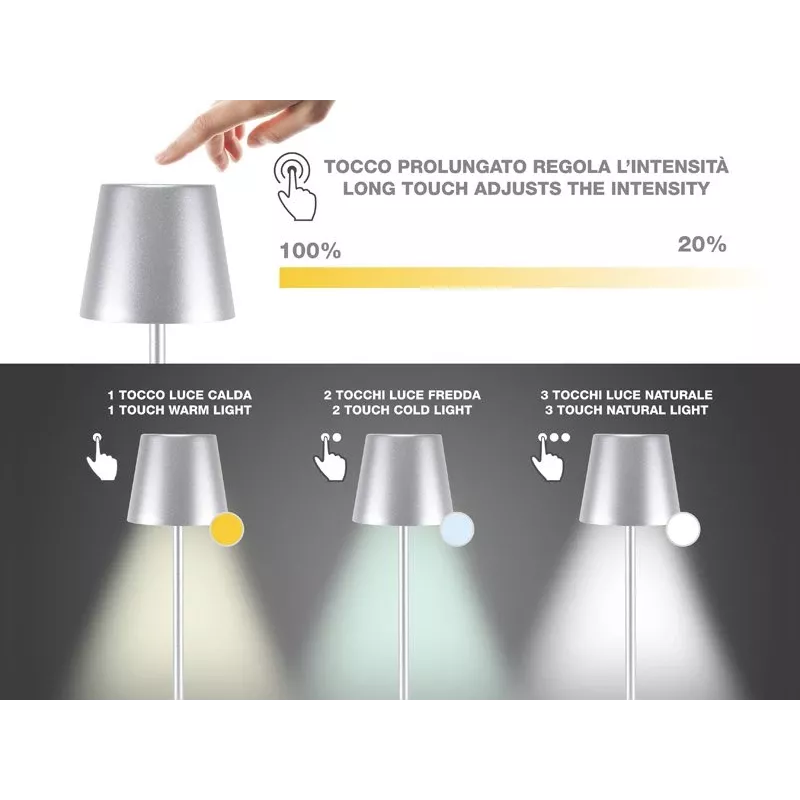 Beper P201UTP117 lámpara de mesa LED recargable, 1,5 W, interruptor táctil, regulable, adaptador para botella de 33 mm, resistente al agua, plateada
