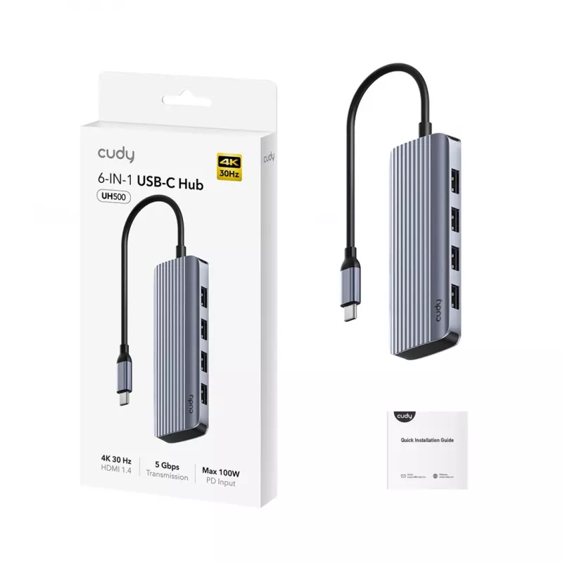 Hub USB-C Cudy UH500 — host USB 3.2 Gen 1 Type-C, 6 conexiones con USB 3.2 Gen 1 Type-A y HDMI, 5000 Mbit/s, gris/plata