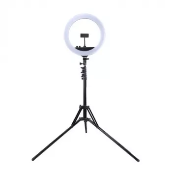 Aro de luz LED 34,5 cm con trípode hasta 1,85 m, espejo y soporte para móvil, USB
