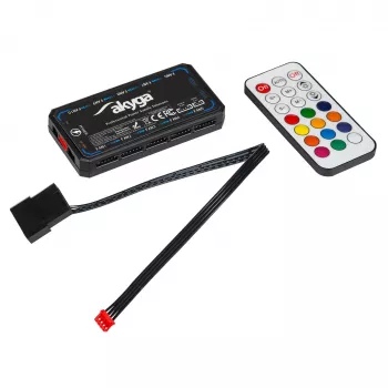 Akyga AK-CA-73 controlador de ventiladores RGB con mando a distancia, 12 conexiones (10 ventiladores + 2 tiras LED), alimentación Molex