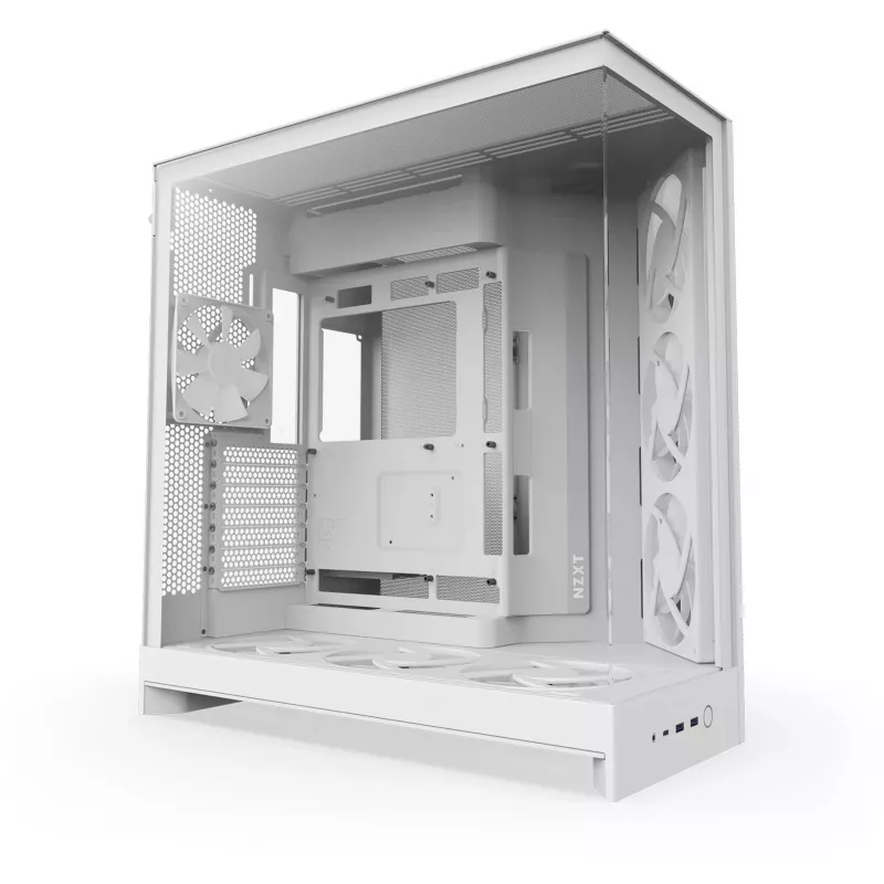 Caja de PC Midi Tower NZXT H9 Flow RGB+ — Blanco, compatible con ATX/EATX/Micro-ITX, cristal templado, 3x140 mm frontal + 1x120 mm trasero ventiladores