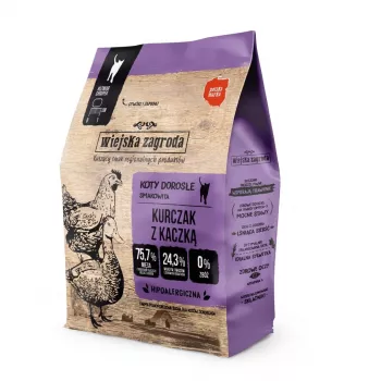 Pienso para gatos wiejskazagroda pollo con pato 400 g — gatos adultos, receta de aves, proteína 44 %, grasa 17 %