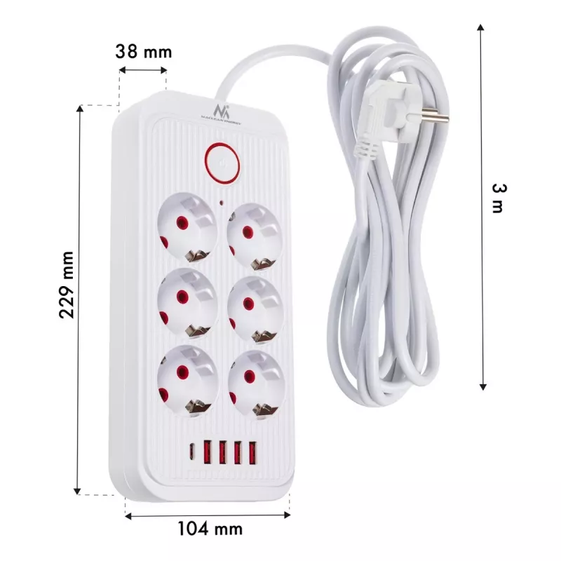 Regleta de enchufes MACLEAN MCE391 W — 6 tomas, 4×USB-A + 1×USB-C, cable de 3 m, 110–240 V, 2500 W, blanca