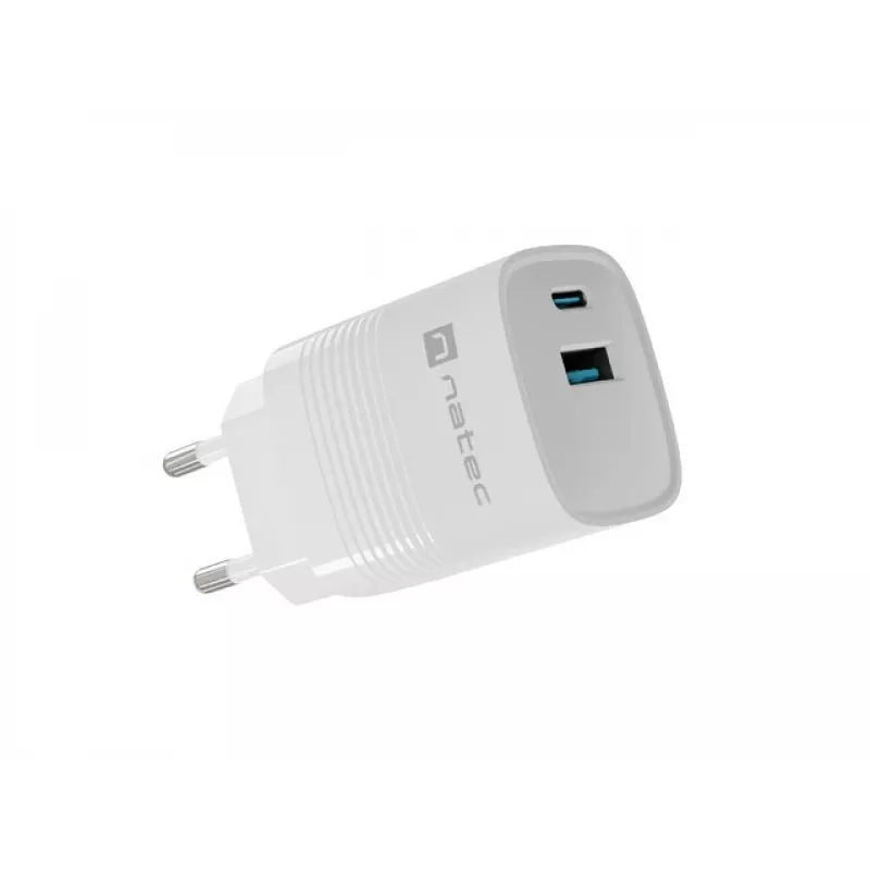 Cargador con cable para dispositivos móviles NATEC NUC-2140, 30W, USB-C PD 3.0 + USB-A, Samsung AFC, blanco