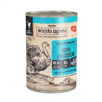 WIEJSKA ZAGRODA Pavo con salmón - Comida húmeda para gatos - 400g