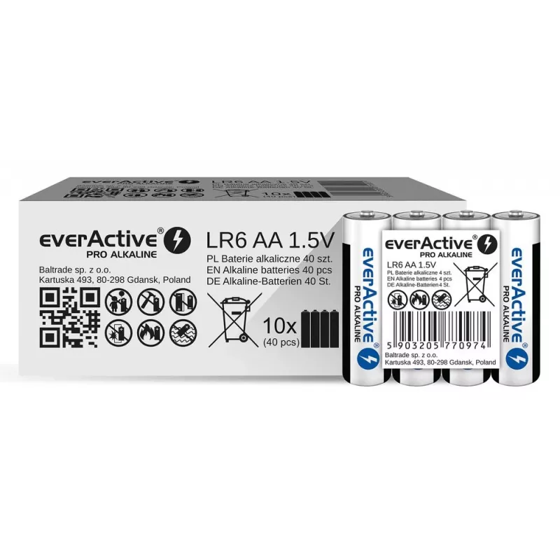 Pilas alcalinas everActive LR6 AA pack de 4 — 1,5 V, 3000 mAh, 50,5 × 14,5 mm