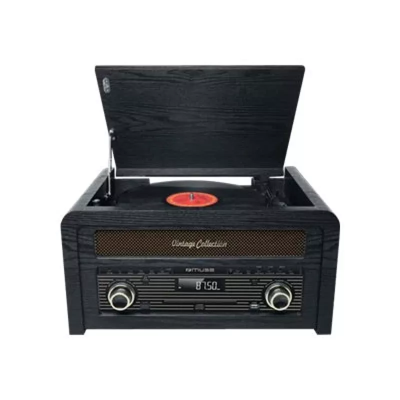Tocadiscos muse MT-115 W — negro/dorado, 33-45-78 rpm, brazo de lectura en J, control de volumen giratorio, 240V AC