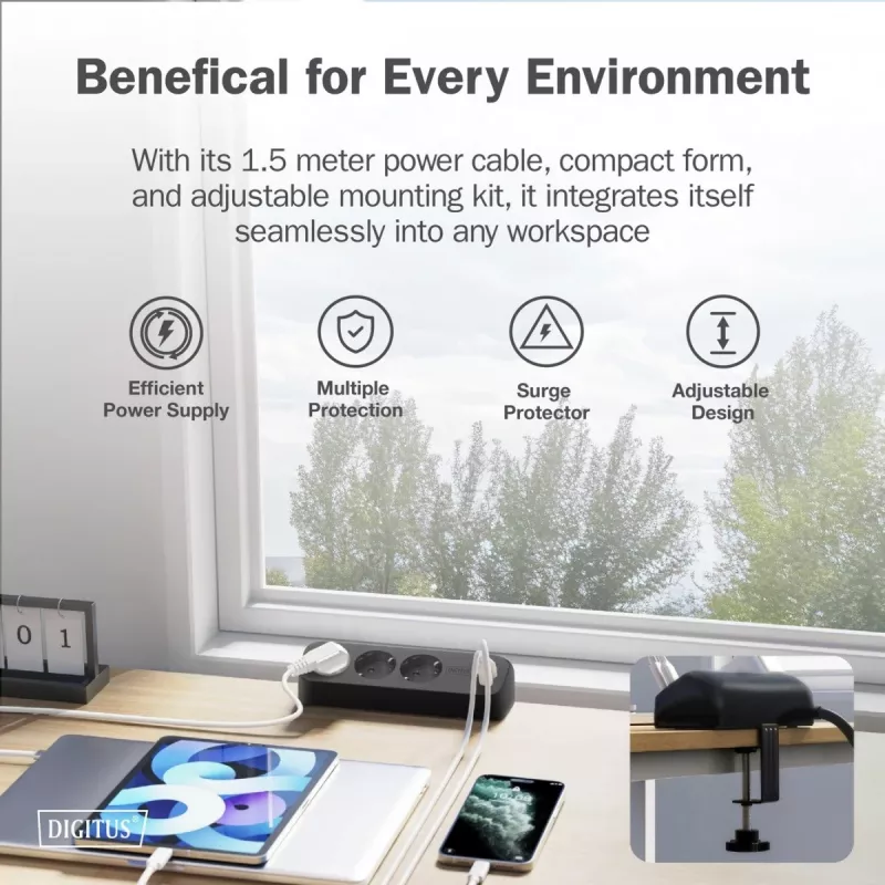 Regleta de enchufes DIGITUS 3 tomas con 2×USB-A y 1×USB-C, 3 tomas AC tipo E/F, cable de 1,5 m, negra
