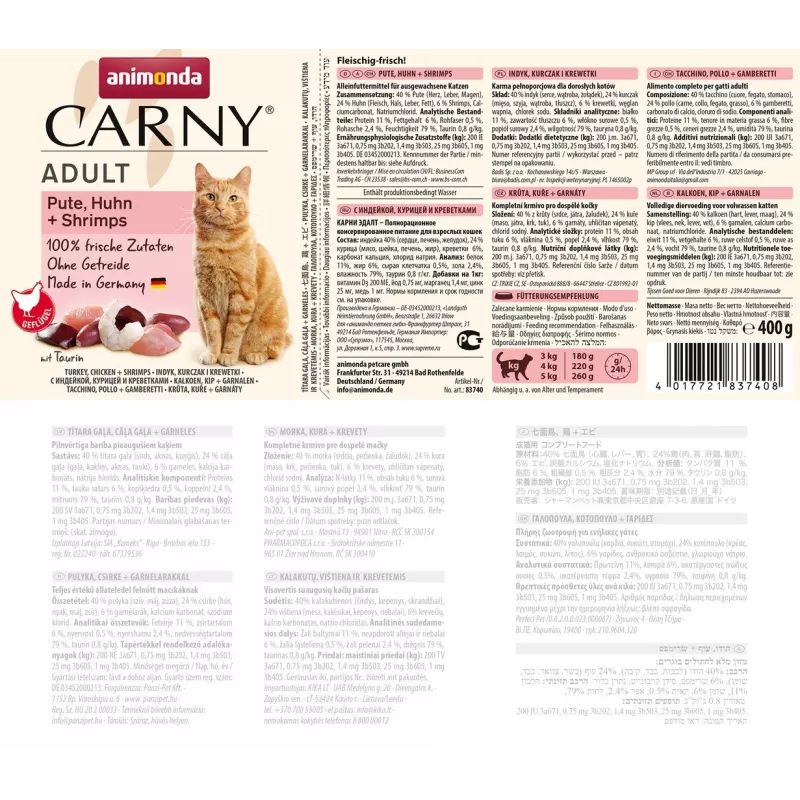 ANIMONDA Carny Adult Pavo, Pollo y Gambas - Comida húmeda para gatos - 400 g