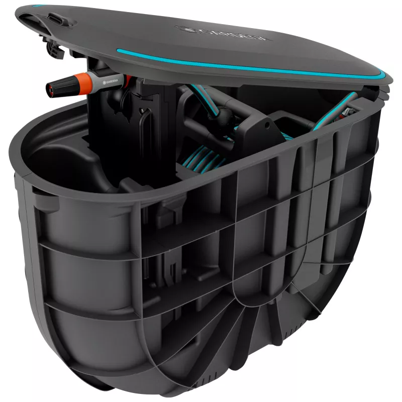 Caja de manguera Undercover RollUp M, 20 metros, enrollador de manguera negro/turquesa