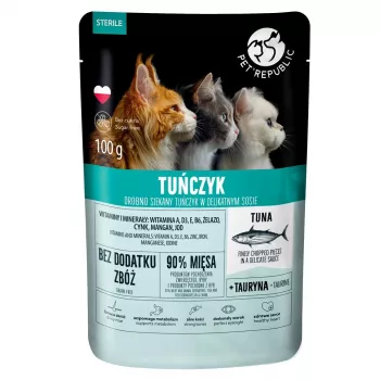 Comida húmeda para gatos sobre PetRepublic STERIL 100 g — filetes con atún, para gatos adultos esterilizados
