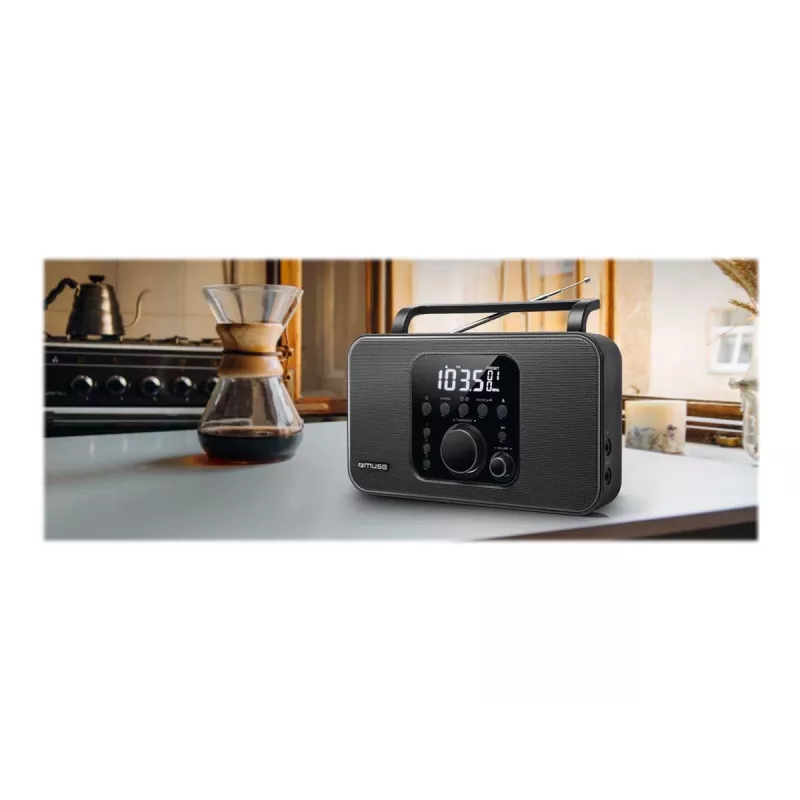 Muse M-091R radio portátil, FM/AM, pantalla LCD, alarma, entrada AUX, alimentación por red/pilas, negra