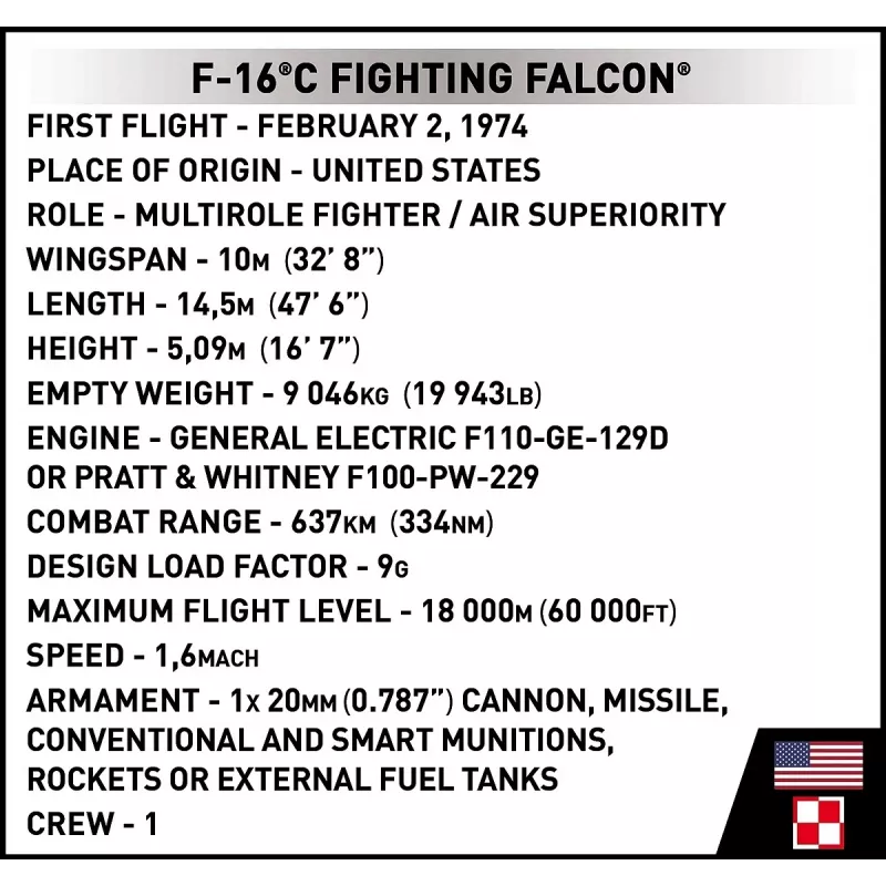 Set de construcción Cobi F-16C Fighting Falcon – 463 piezas, maqueta a escala