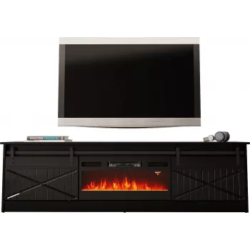 Soporte TV con chimenea Cama Meble GRANERO modelo – 200 x 56,7 x 35 cm, negro/negro brillante, 2 puertas, 2 estantes, puertas correderas, MDF/tablero de partículas