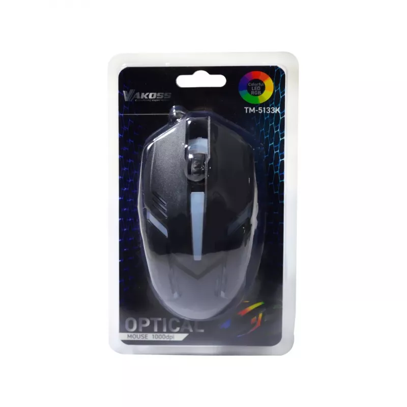 Ratón gaming con cable VAKOSS TM-5133K, óptico 1000 DPI, 3 botones, USB, Negro