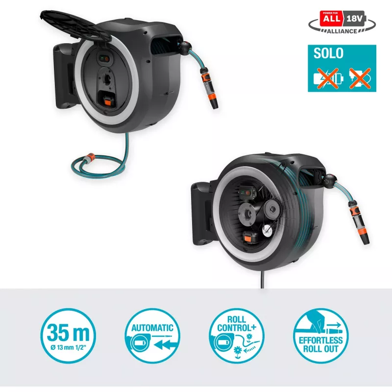 Gardena PowerRoll XXL 18V P4A Solo caja para manguera de pared con batería, 40 m