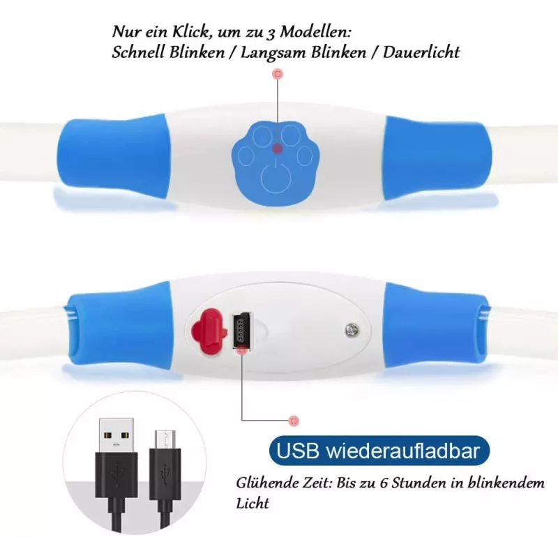 Collar LED KABB azul para perros y gatos – recargable, collar de seguridad ajustable con iluminación