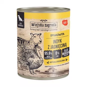 Comida húmeda wiejskazagroda pavo con cordero, 800 g, perros adultos, sin gluten ni soja