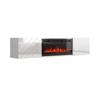 Mueble TV Cama Meble LUXE 1826×345×375 mm blanco brillante con chimenea eléctrica negra incorporada (1400–1600 W)