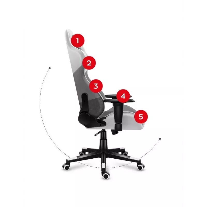 Silla gaming Huzaro Force 6.2 con asiento envolvente gris, blanca