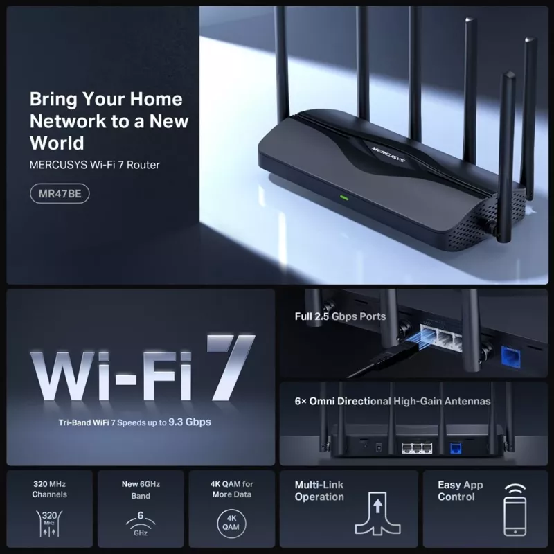 Router de sobremesa MERCUSYS MR47BE — tri-banda Wi-Fi 7 (2,4/5/6 GHz), 9300 Mbit/s, 3× RJ-45, 2,5GbE, 6 antenas externas
