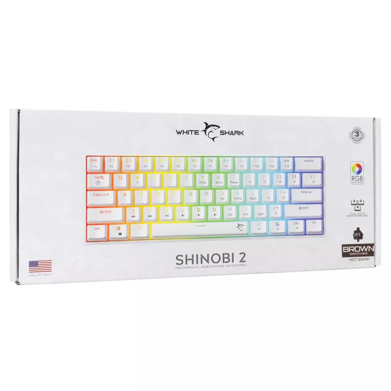 Teclado mecánico White Shark Shinobi-2 Brown Switch US-Layout — diseño compacto, interruptores Brown