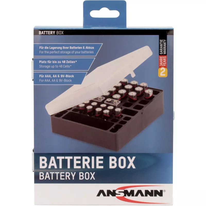 Ansmann Battery Box 48 Caja de baterías para 24x AA, 16x AAA y 4x 9V, Negro/Transparente