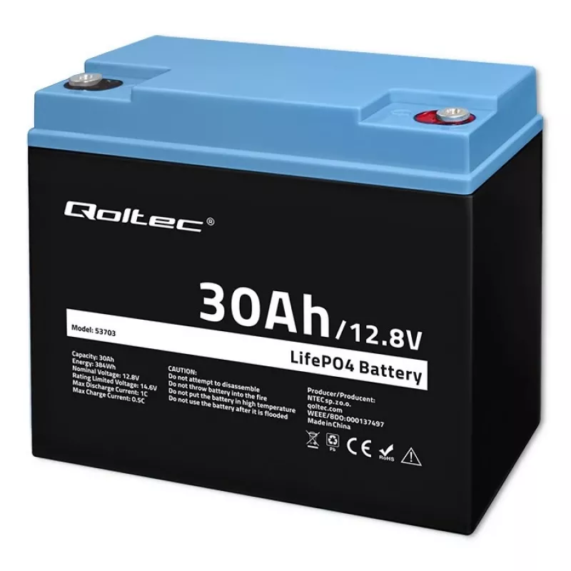 Batería LiFePO4 recargable QOLTEC 12,8V 30Ah 384Wh con BMS