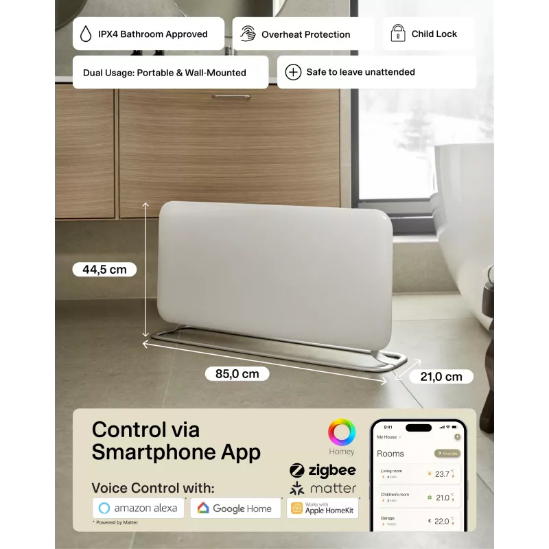 Mill WiFi Panel Heater | PA1500WIFI4A | emisor térmico | 1500 W | apto para habitaciones de hasta 22 m² | blanco | IPX4