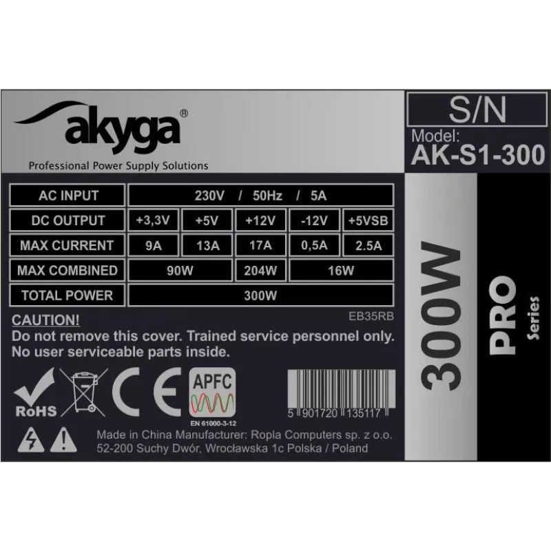 Fuente de alimentación SFX Akyga AK-S1-300 300 W, PFC pasivo, ventilador de 80 mm, negro