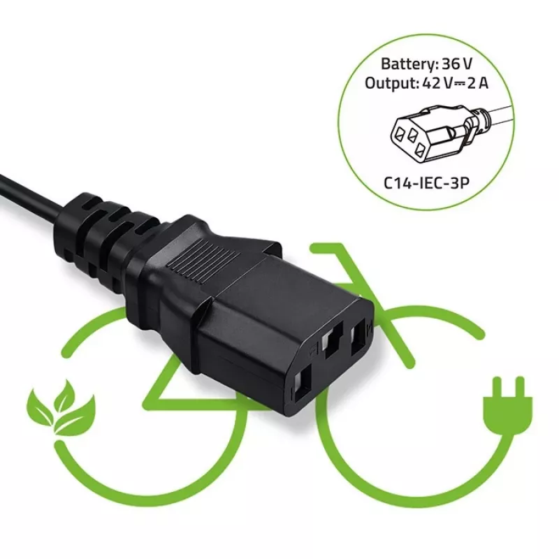 Cargador QOLTEC 36V–42V 2A con conector C14-IE de 3 polos para baterías de e-bike