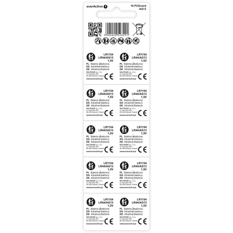 Pila de botón alcalina everActive AG13 (LR44) — pack de 10 uds.