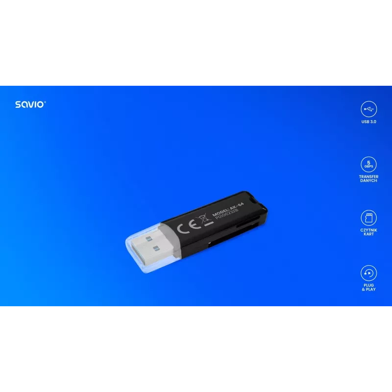 Lector de tarjetas SAVIO AK-64 salida USB 3.2 Gen 1 Type-A, ranura microSD, 5000 Mbit/s, negro