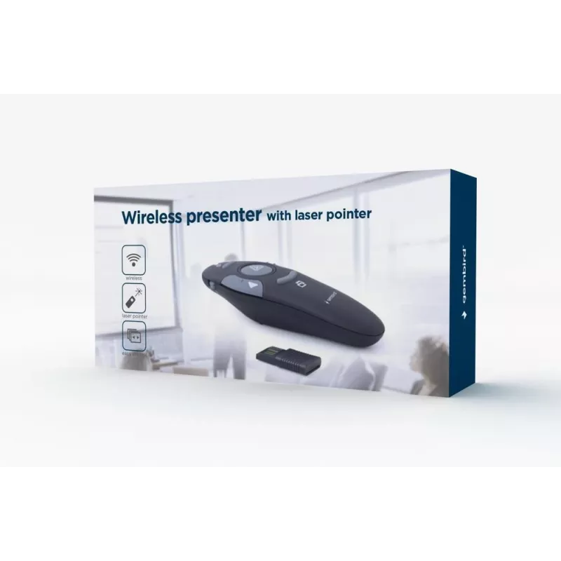 Presentador inalámbrico IR GEMBIRD WP-L-11, 4 botones, receptor USB RF de 2,4 GHz, Negro, pila AAA