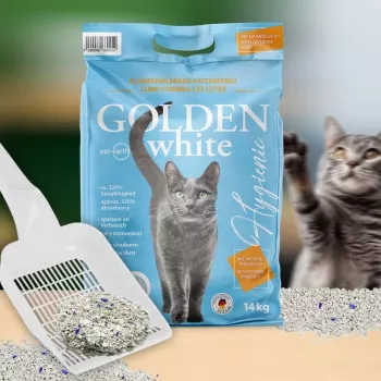 Arena para gatos Golden Grey 14 kg bentonita aglomerante, aroma de lavanda, sin polvo, no adherente