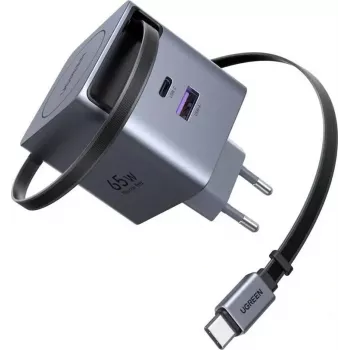 UGREEN X615 cargador rápido GaN de 65W con 1x USB-C, 1x USB-A y cable retráctil (modelo 65825)