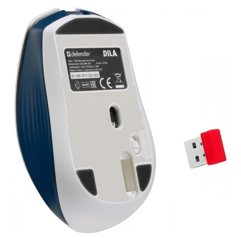 Ratón gaming inalámbrico DEFENDER MM-282 RF — ambidiestro, óptico 1800 DPI, 5 botones, USB, a pilas