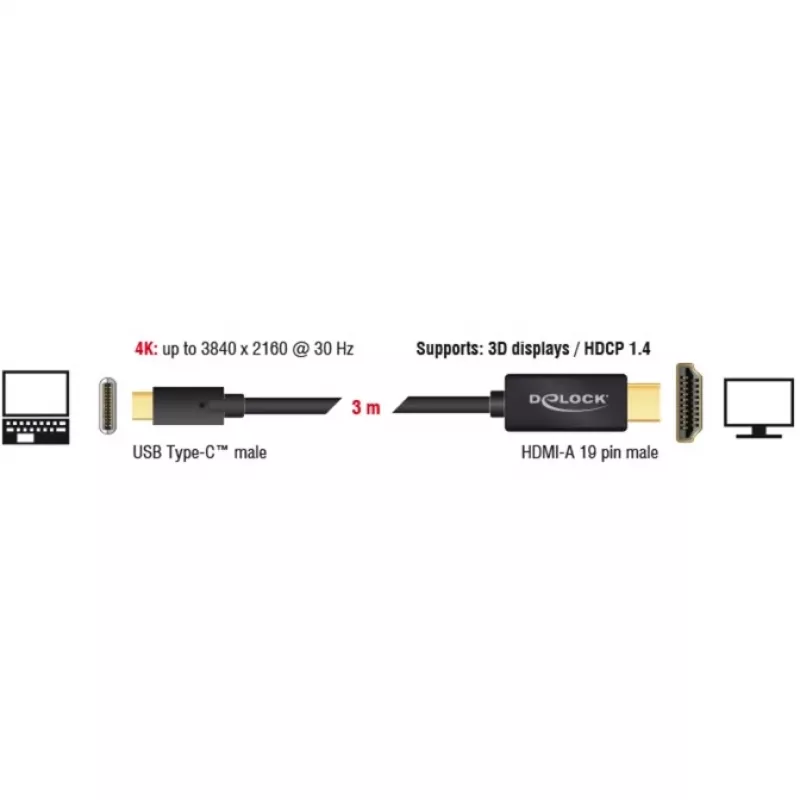 Adaptador de cable de vídeo DeLOCK 85260 USB Type-C HDMI 3 m negro